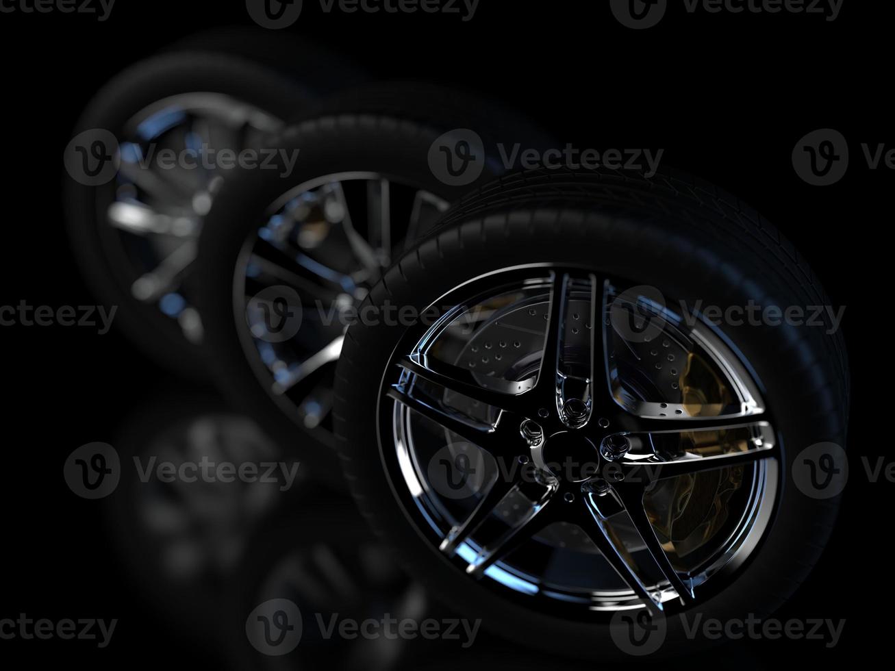 auto wheel with chrome disks close-up on a dark background. 3d render photo