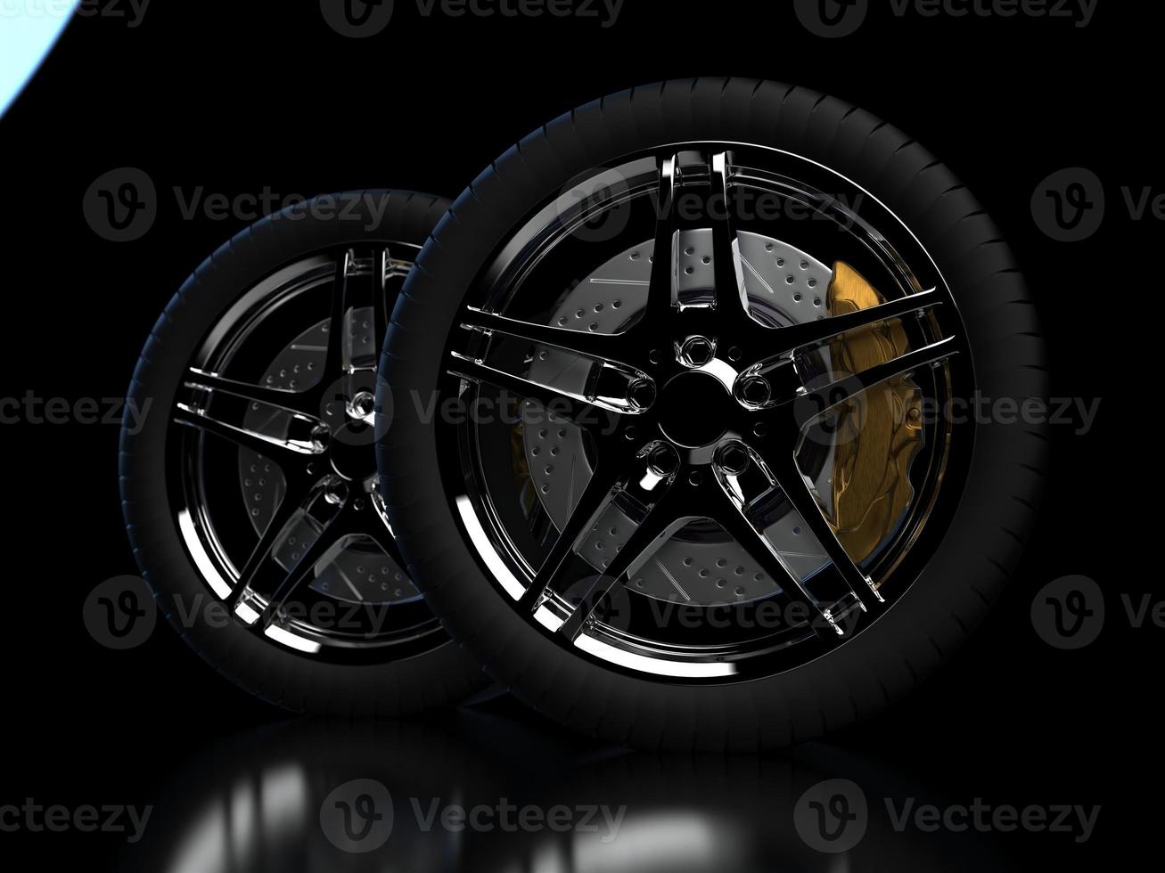 auto wheel with chrome disks close-up on a dark background. 3d render photo