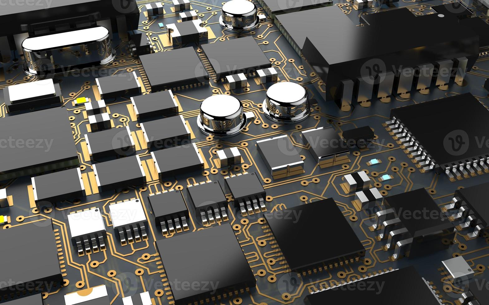 processor chip on a printed circuit board in red backlight. 3d illustration on the topic of technology and the power of artificial intelligence. photo