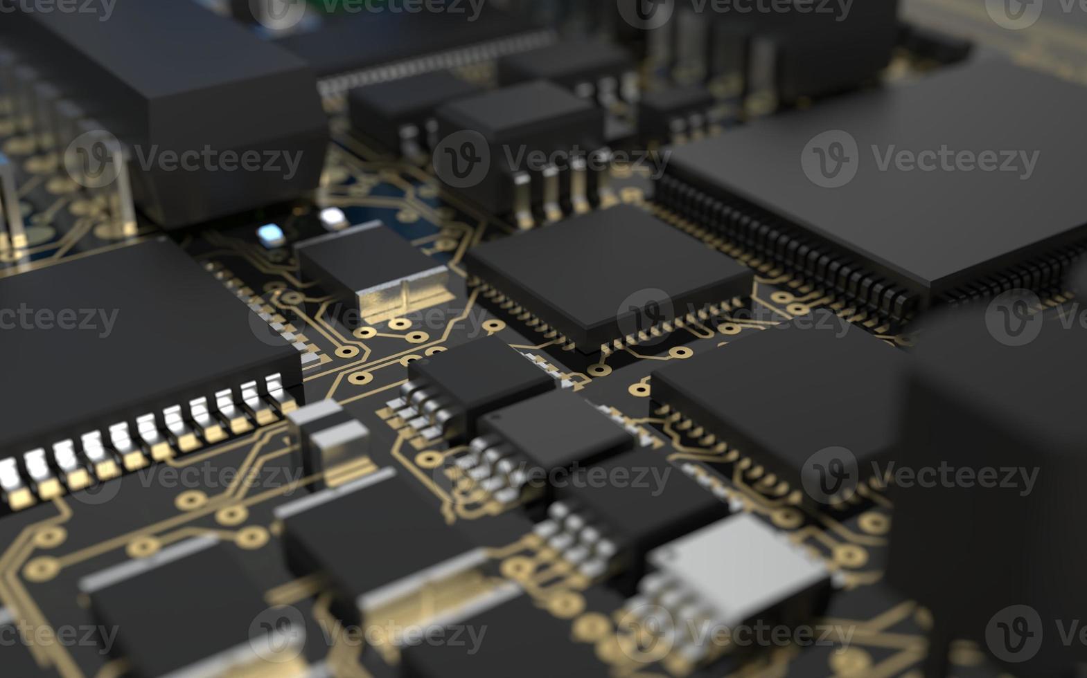 processor chip on a printed circuit board in red backlight. 3d illustration on the topic of technology and the power of artificial intelligence. photo