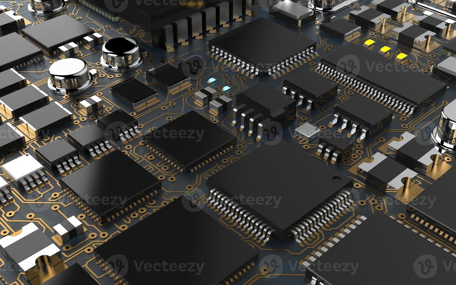 processor chip on a printed circuit board in red backlight. 3d illustration on the topic of technology and the power of artificial intelligence. photo