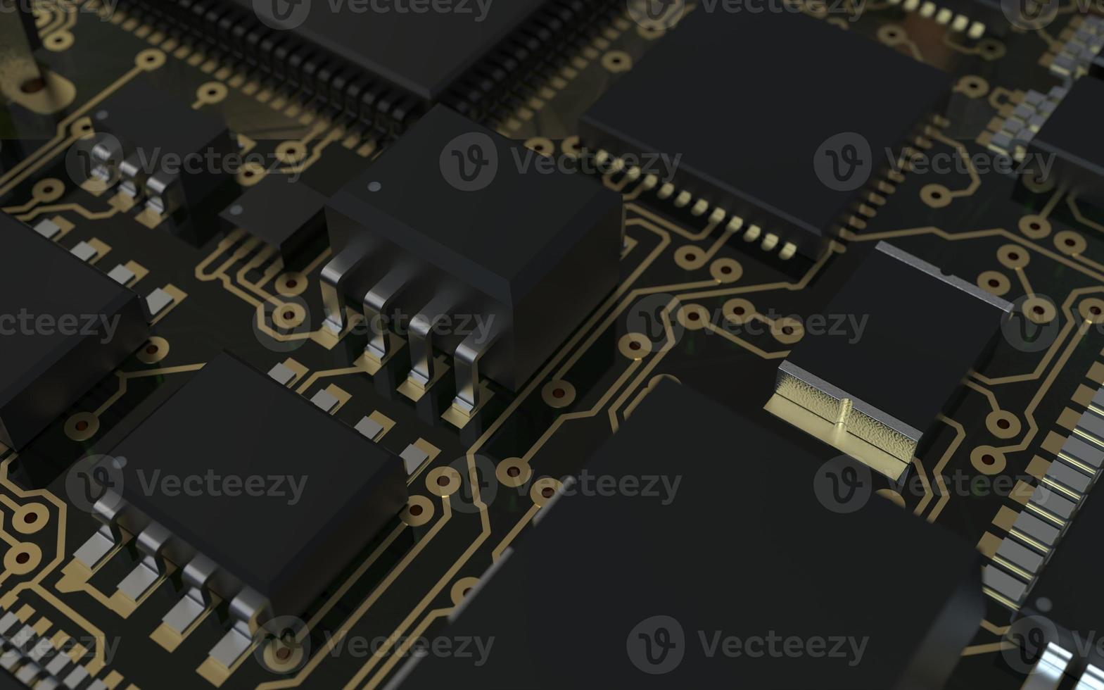 processor chip on a printed circuit board in red backlight. 3d illustration on the topic of technology and the power of artificial intelligence. photo