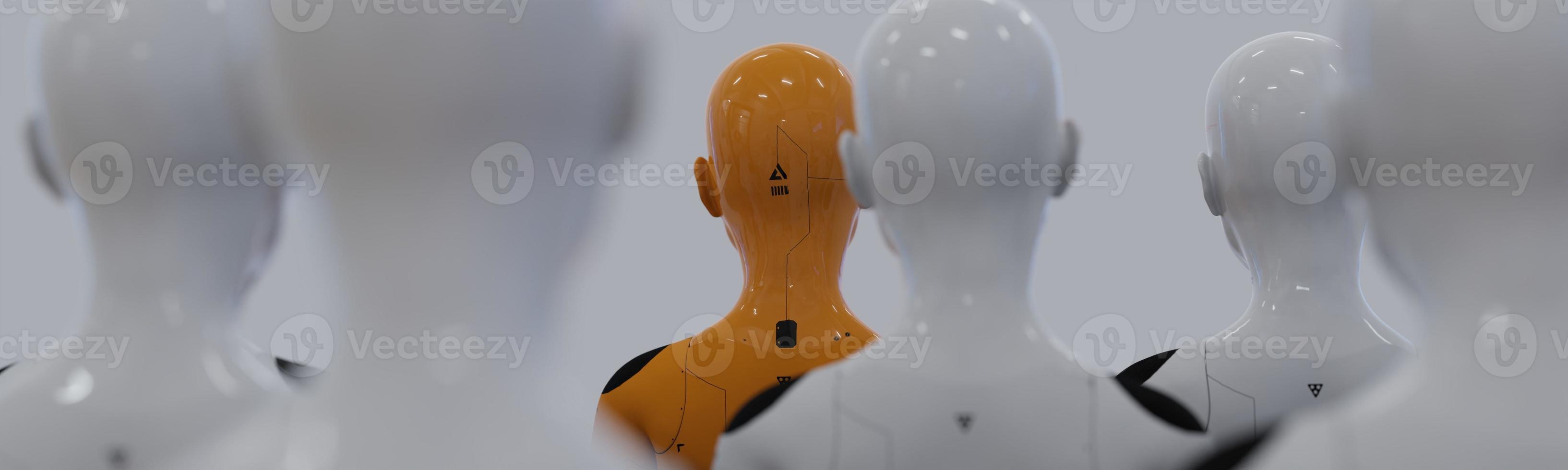 a group of robots standing in rows one robot from all has a clear difference photo
