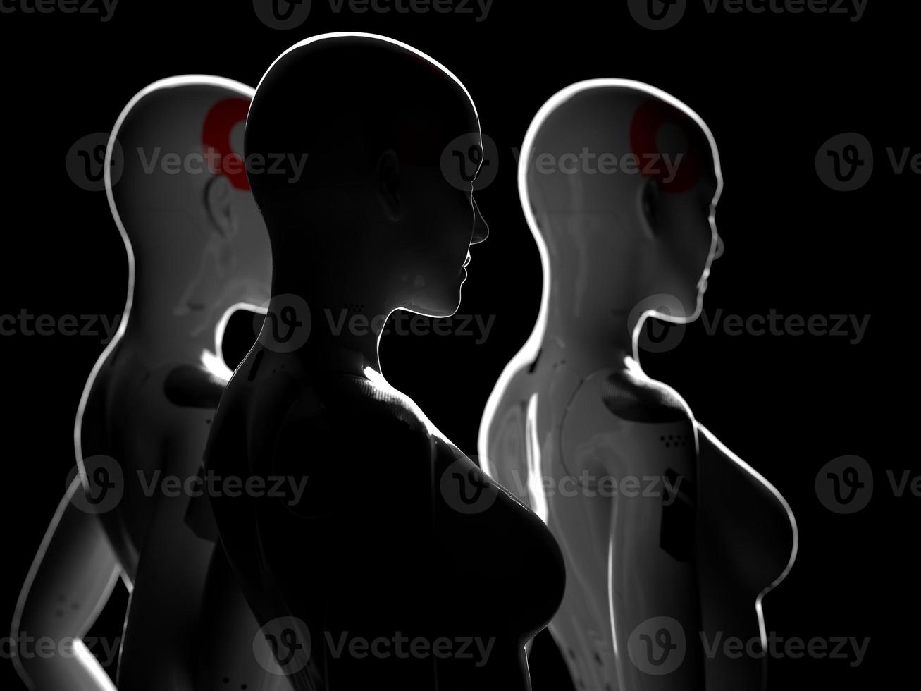 group of robots in female image standing in rows artificial intelligence and robotics concept photo