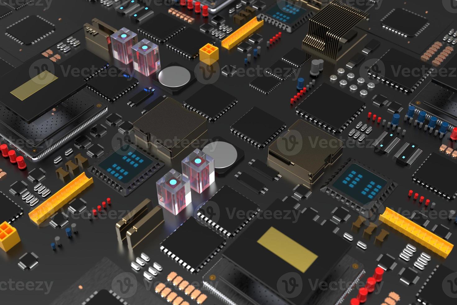 placa de circuito impreso con microchips, procesadores y otras partes de computadora sobre un fondo oscuro. renderizado 3d foto