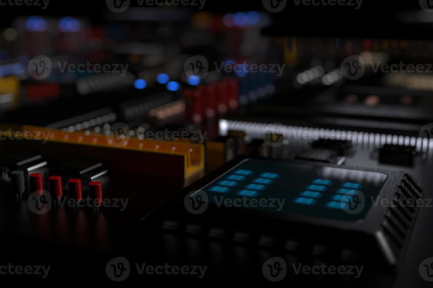 printed circuit board with microchips, processors and other computer parts on a dark background. 3d render photo