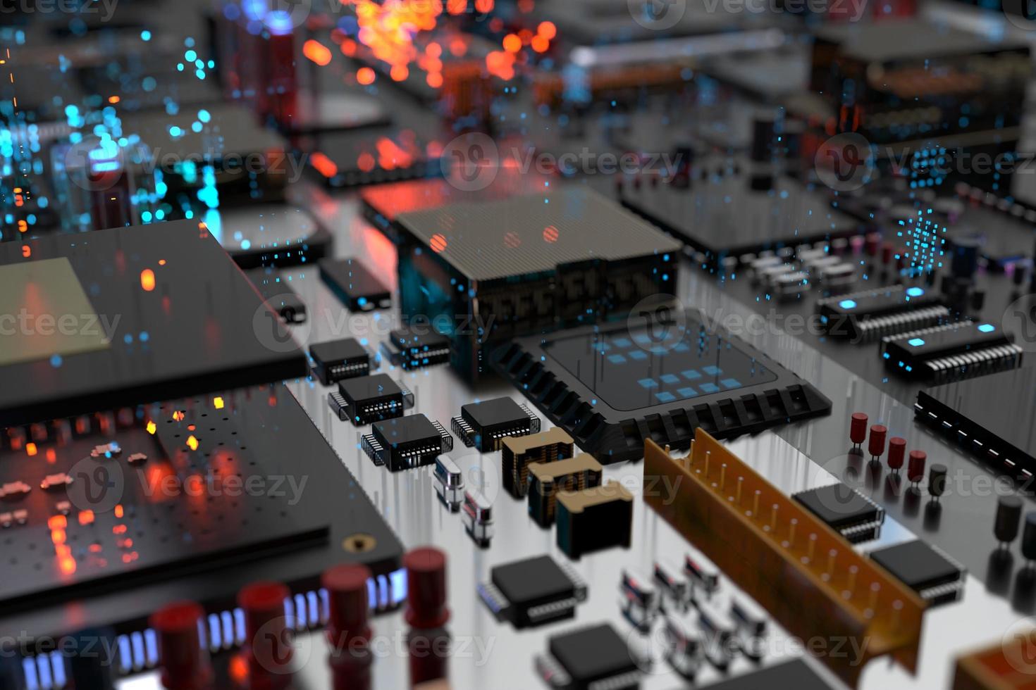 printed circuit board with microchips, processors and other computer parts on a dark background. 3d render photo