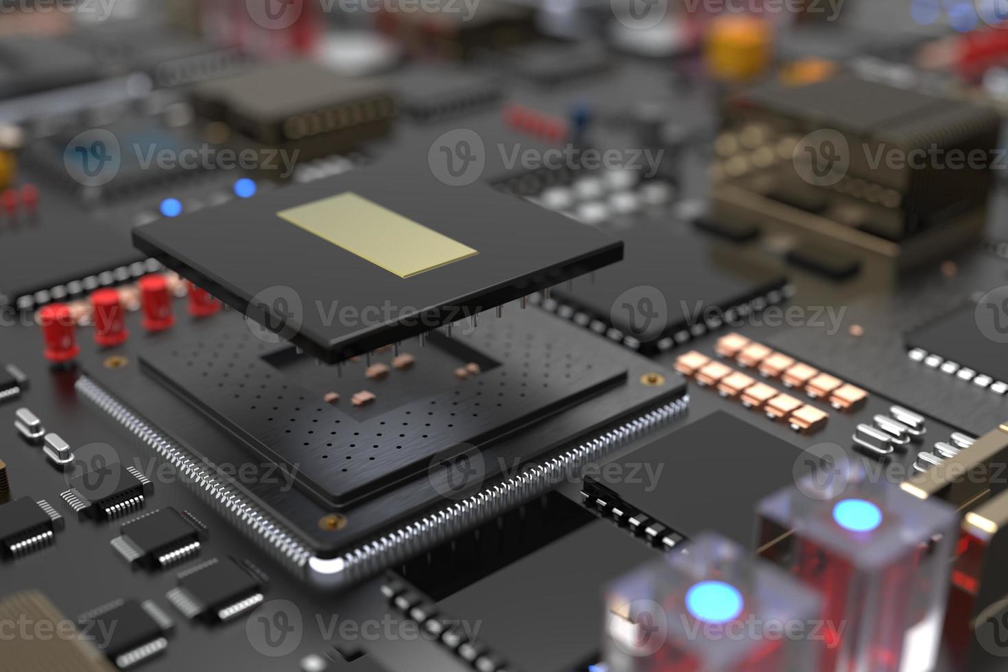 printed circuit board with microchips, processors and other computer parts. 3D render on the topic of technology and large computing power photo