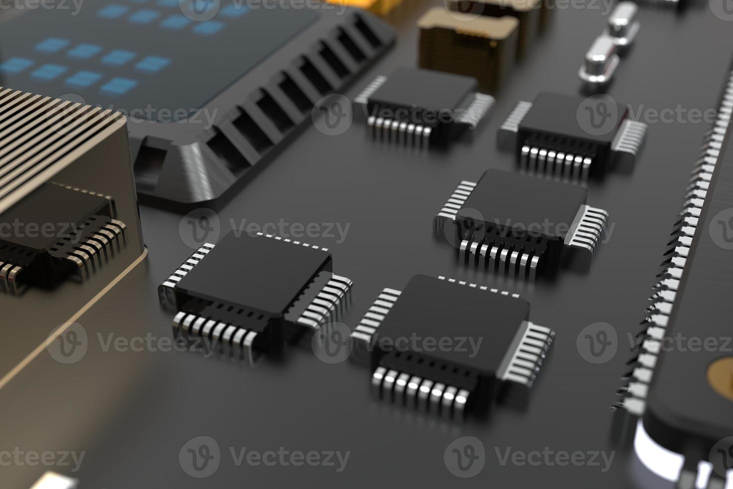 printed circuit board with microchips, processors and other computer parts on a dark background. 3d render photo