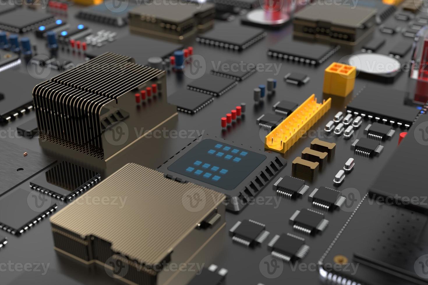 printed circuit board with microchips, processors and other computer parts. 3D render on the topic of technology and large computing power photo