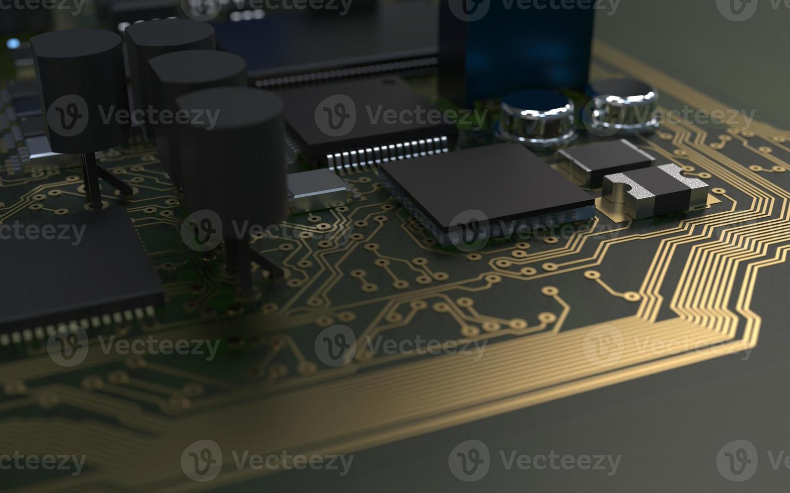 processor chip on a printed circuit board in red backlight. 3d illustration on the topic of technology and the power of artificial intelligence. photo