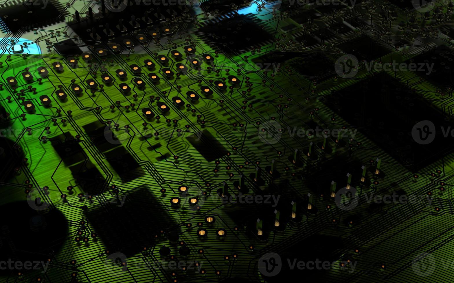 processor chip on a printed circuit board in red backlight. 3d illustration on the topic of technology and the power of artificial intelligence. photo