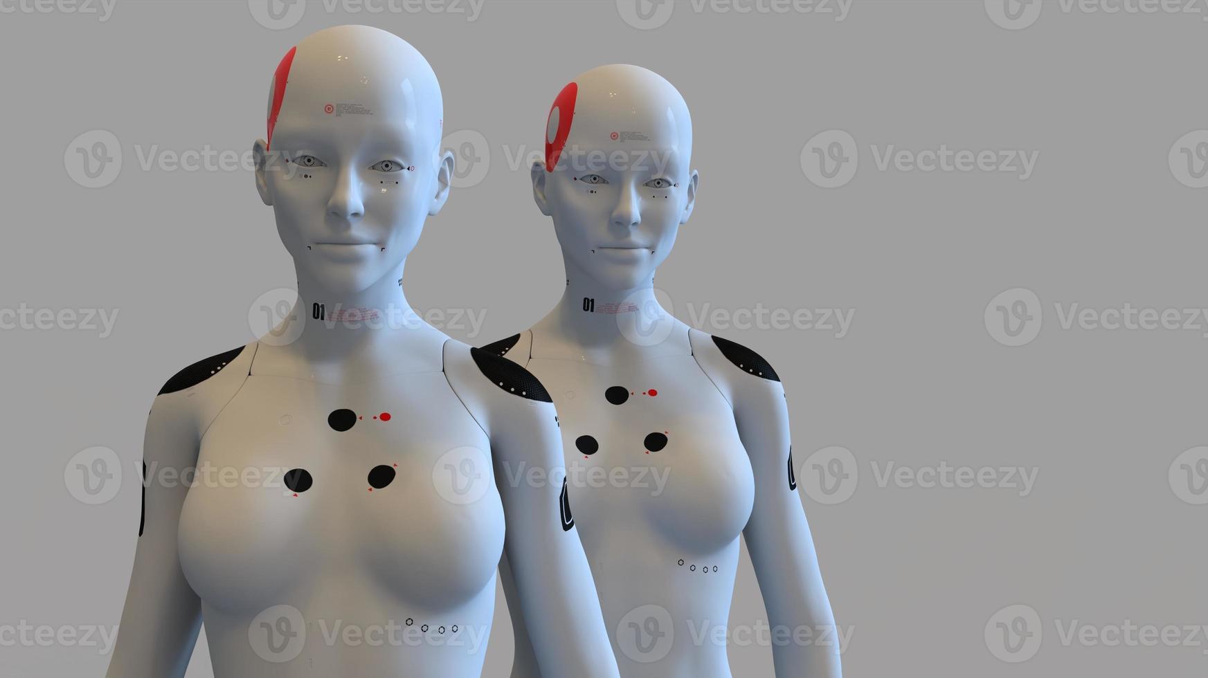 group of robots in female image standing in rows artificial intelligence and robotics concept photo
