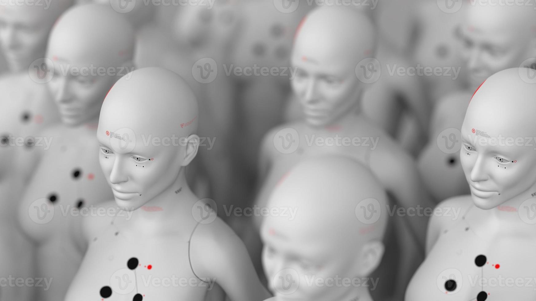 group of robots in female image standing in rows artificial intelligence and robotics concept photo