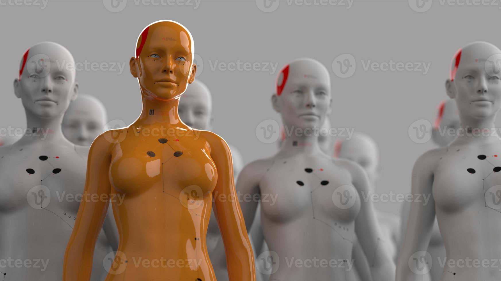 group of robots standing in rows industrial production concept photo