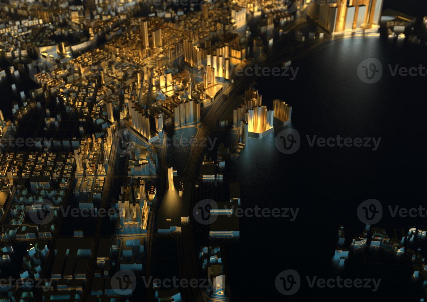 big city in the mountains top view. illustration in casual graphic design. fragments New York 3D render photo
