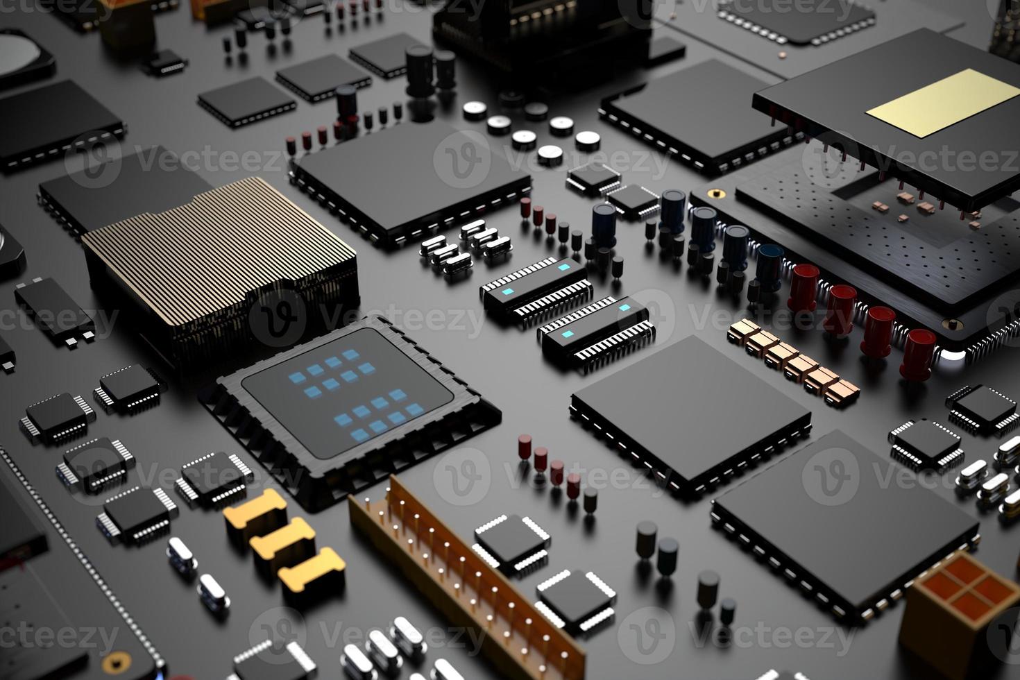 placa de circuito impreso con microchips, procesadores y otras partes de computadora sobre un fondo oscuro. renderizado 3d foto