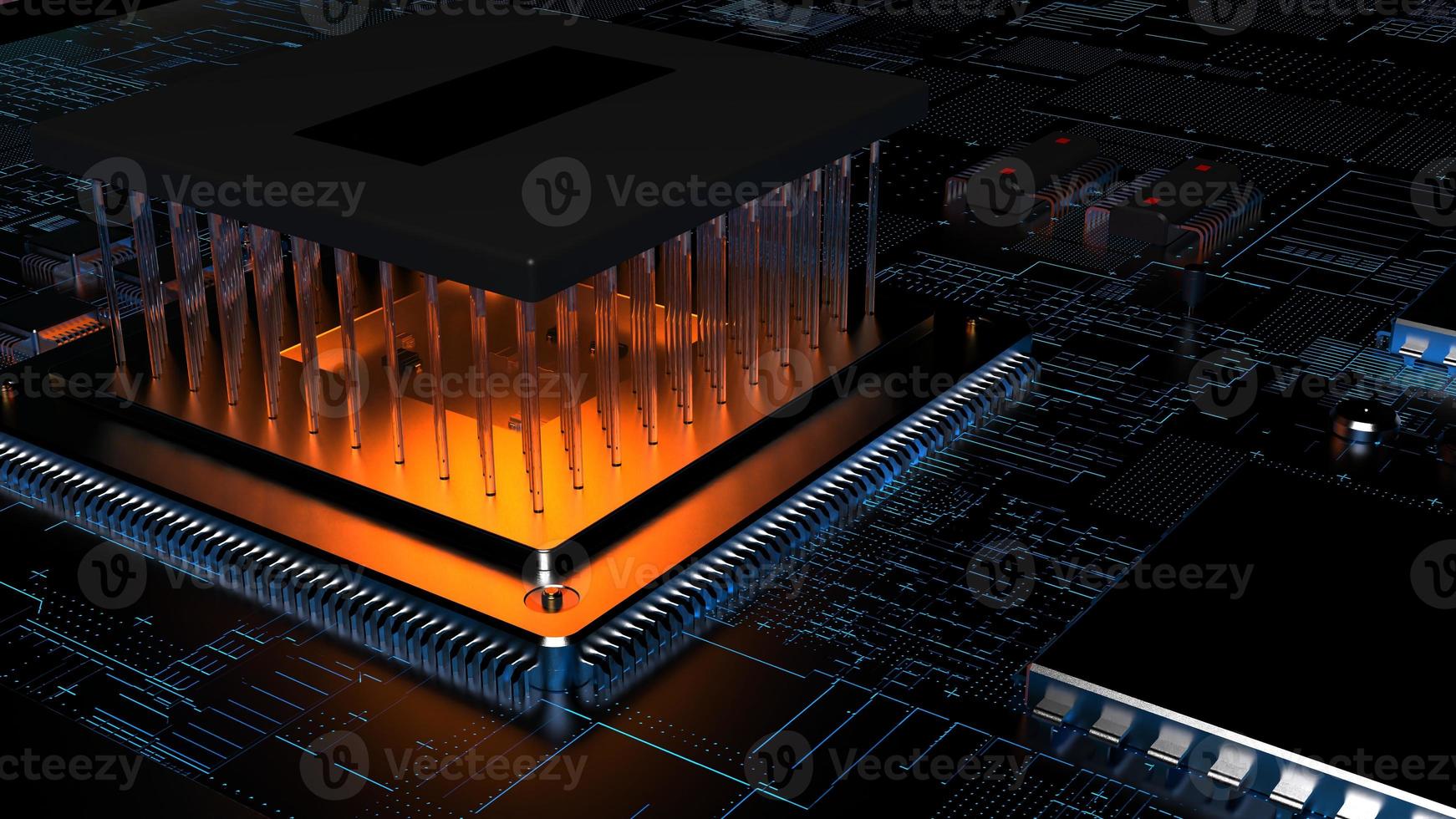 processor chip on a printed circuit board in red backlight. 3d illustration on the topic of technology and the power of artificial intelligence. photo