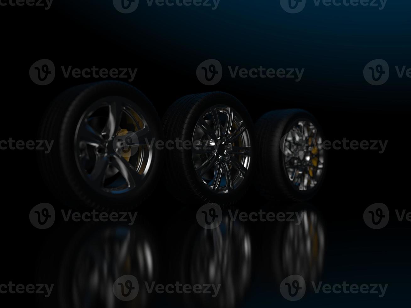 auto wheel with chrome disks close-up on a dark background. 3d render photo
