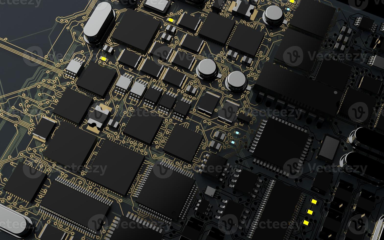 processor chip on a printed circuit board in red backlight. 3d illustration on the topic of technology and the power of artificial intelligence. photo