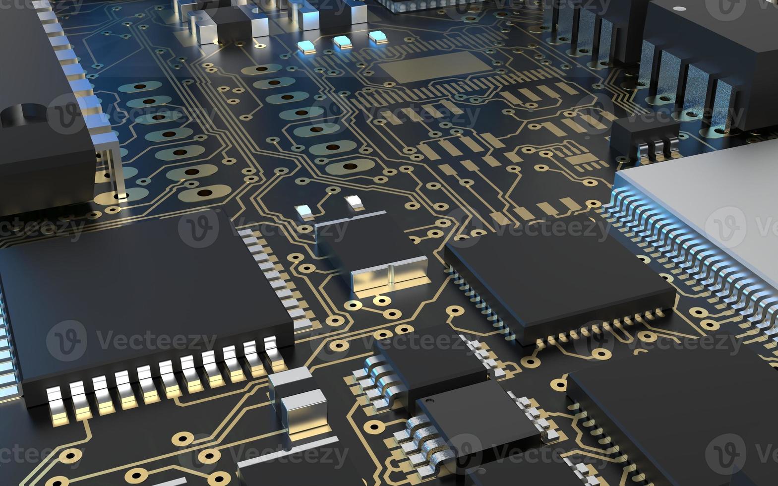 processor chip on a printed circuit board in red backlight. 3d illustration on the topic of technology and the power of artificial intelligence. photo