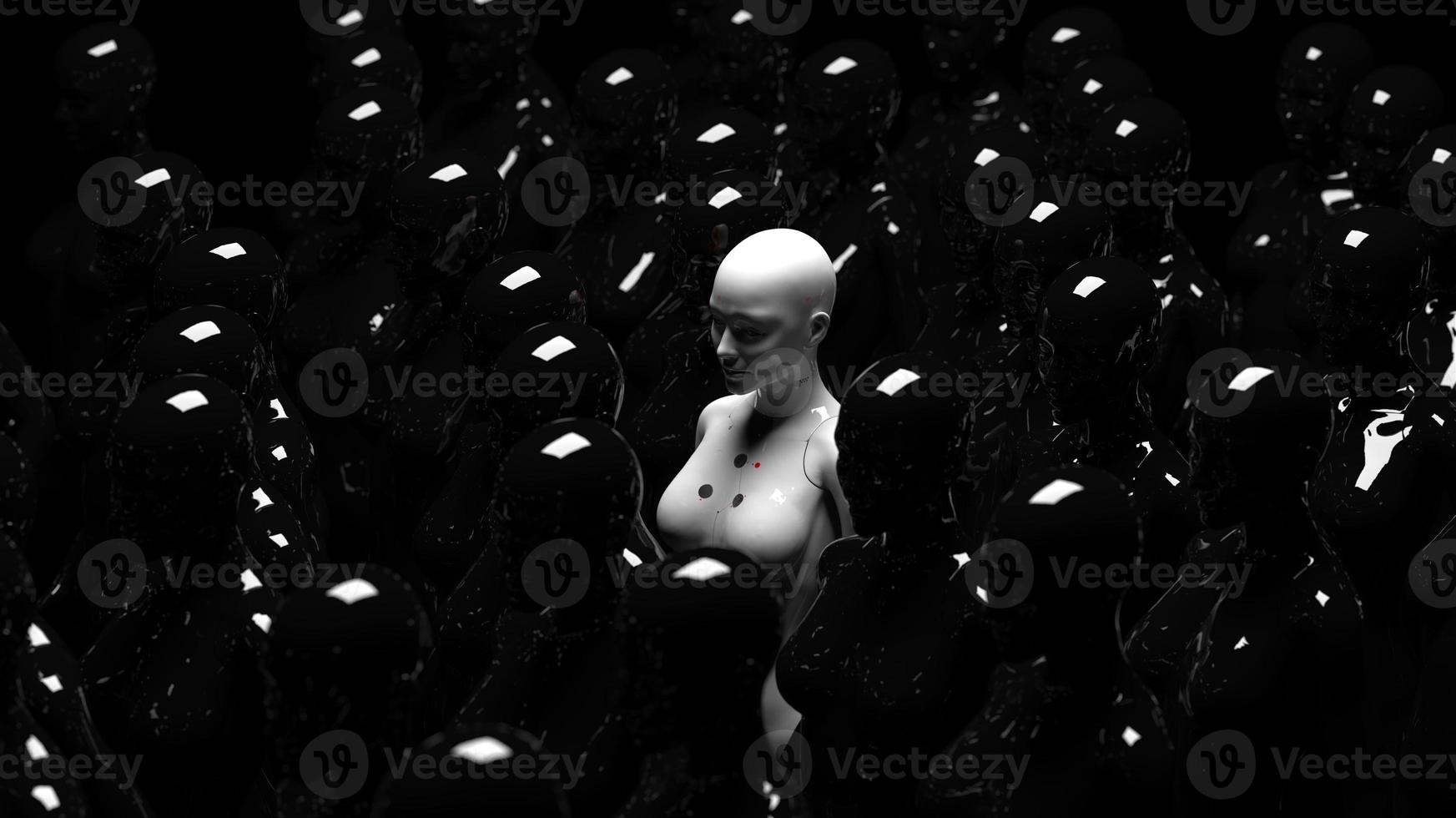 group of robots in female image standing in rows artificial intelligence and robotics concept photo