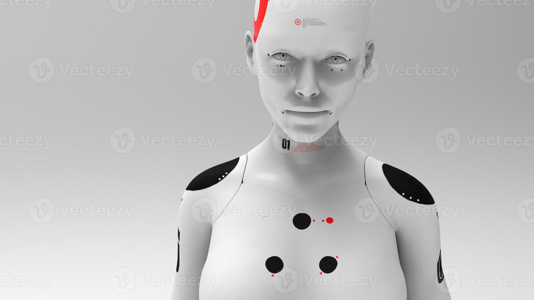 group of robots in female image standing in rows artificial intelligence and robotics concept photo