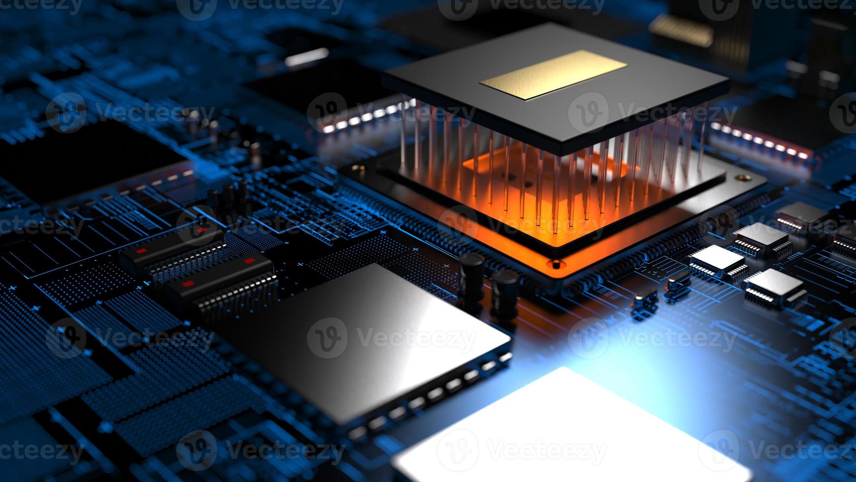 processor chip on a printed circuit board in red backlight. 3d illustration on the topic of technology and the power of artificial intelligence. photo