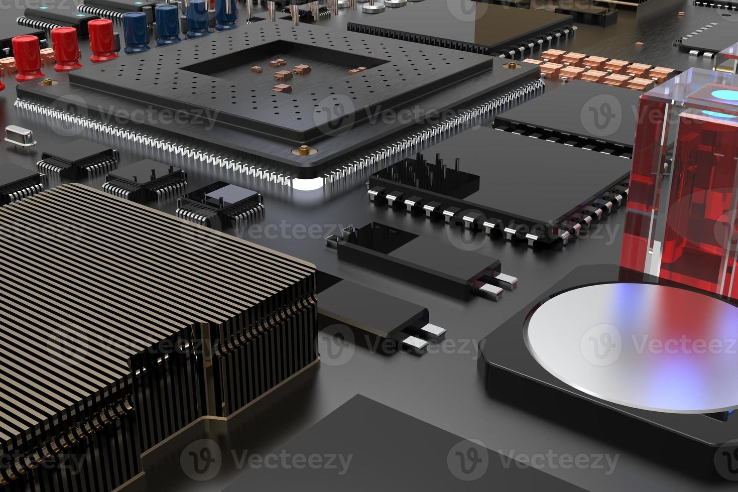 printed circuit board with microchips, processors and other computer parts. 3D render on the topic of technology and large computing power photo