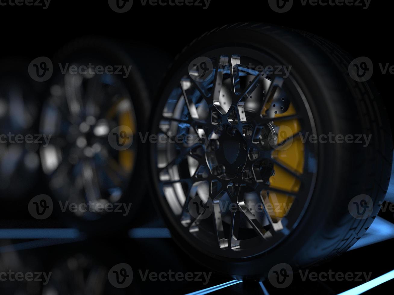 auto wheel with chrome disks close-up on a dark background. 3d render photo