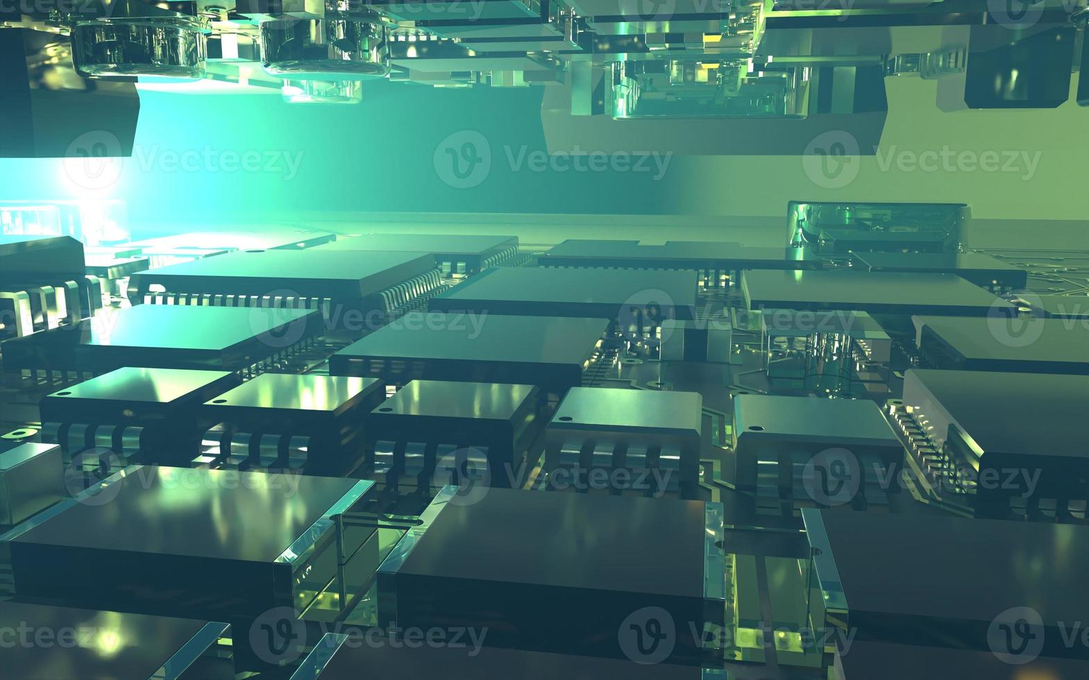 processor chip on a printed circuit board in red backlight. 3d illustration on the topic of technology and the power of artificial intelligence. photo