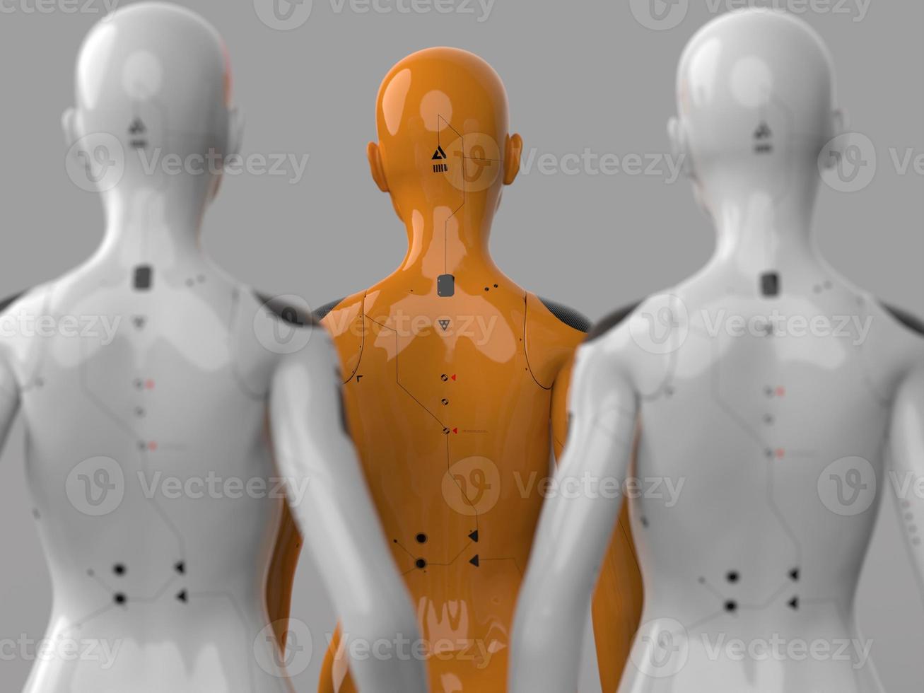 group of robots standing in rows industrial production concept photo