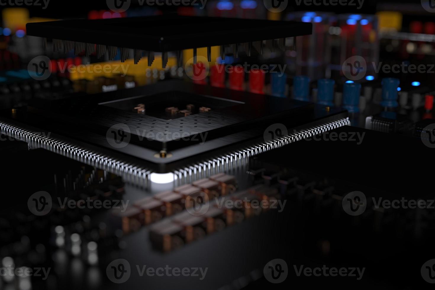 printed circuit board with microchips, processors and other computer parts on a dark background. 3d render photo
