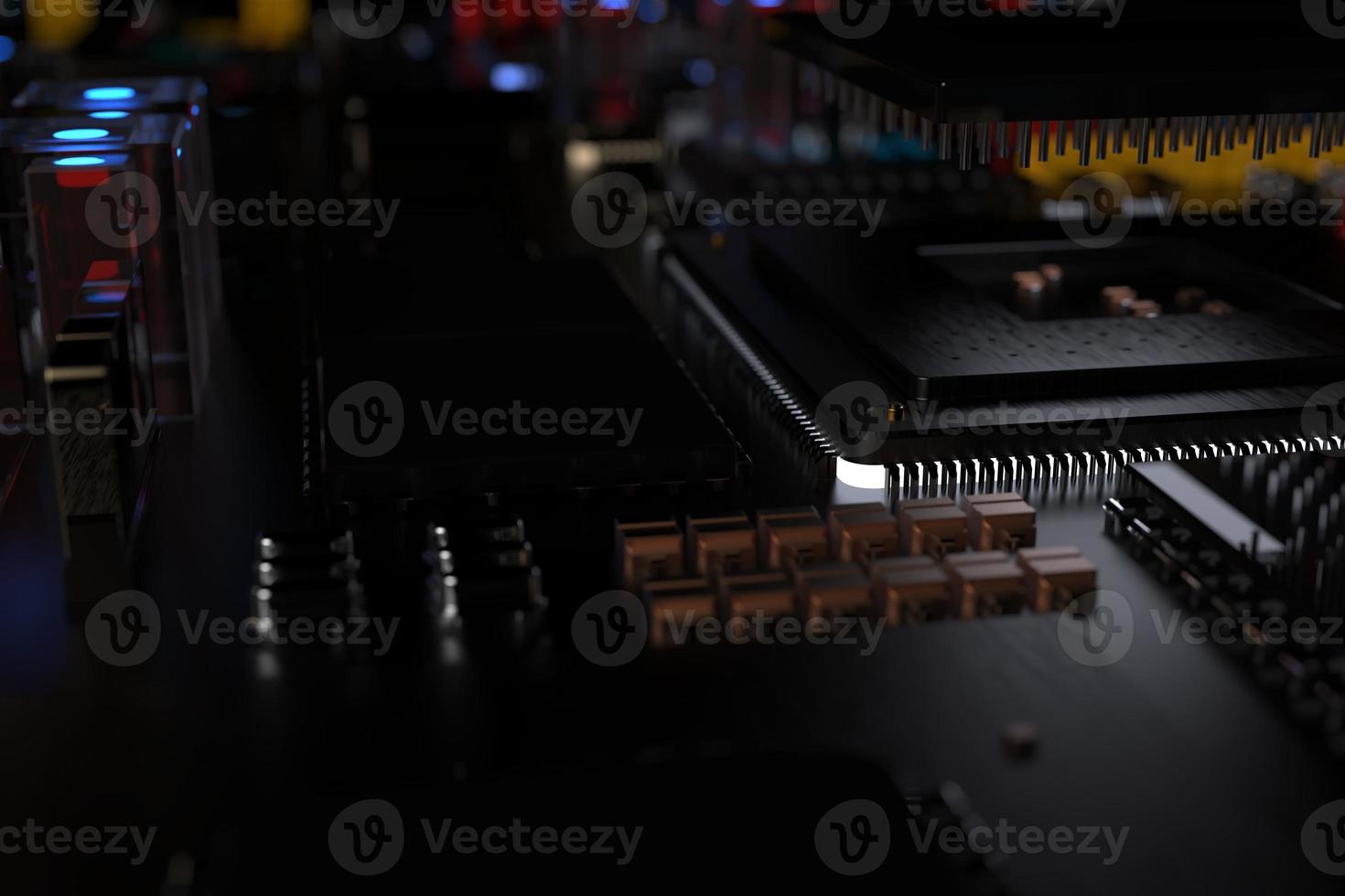 printed circuit board with microchips, processors and other computer parts on a dark background. 3d render photo