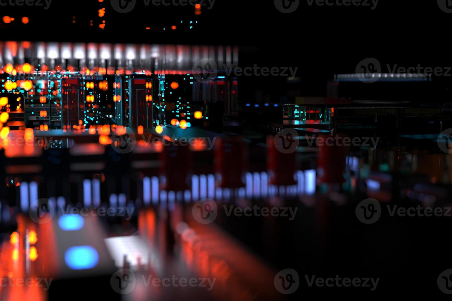 printed circuit board with microchips, processors and other computer parts on a dark background. 3d render photo