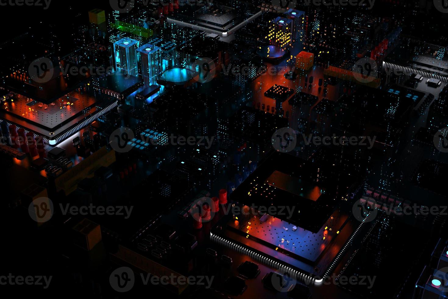 processor chip on a printed circuit board in red backlight. 3d illustration on the topic of technology and the power of artificial intelligence. photo