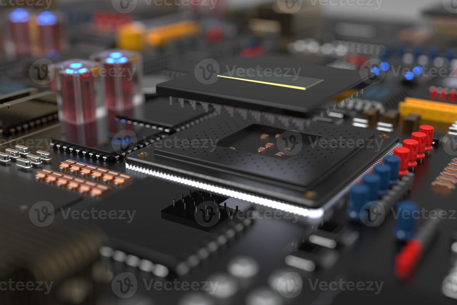 printed circuit board with microchips, processors and other computer parts. 3D render on the topic of technology and large computing power photo