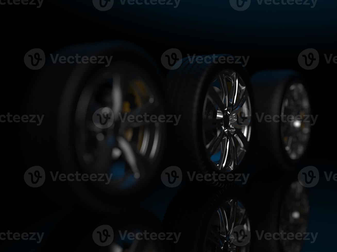 auto wheel with chrome disks close-up on a dark background. 3d render photo