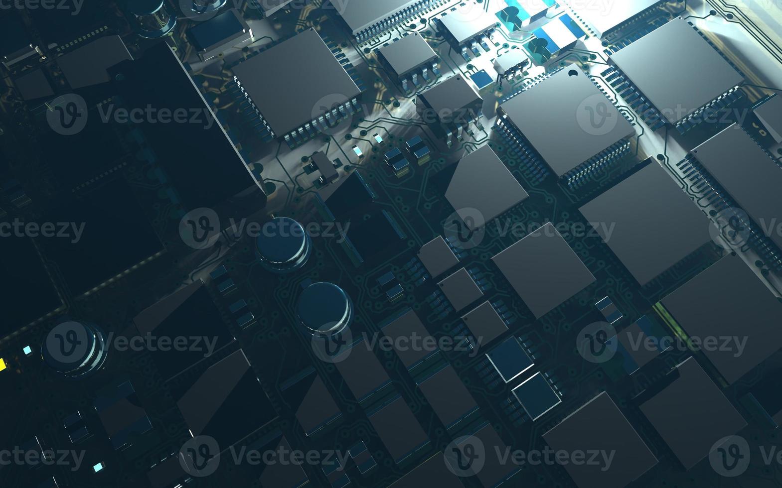 processor chip on a printed circuit board in red backlight. 3d illustration on the topic of technology and the power of artificial intelligence. photo