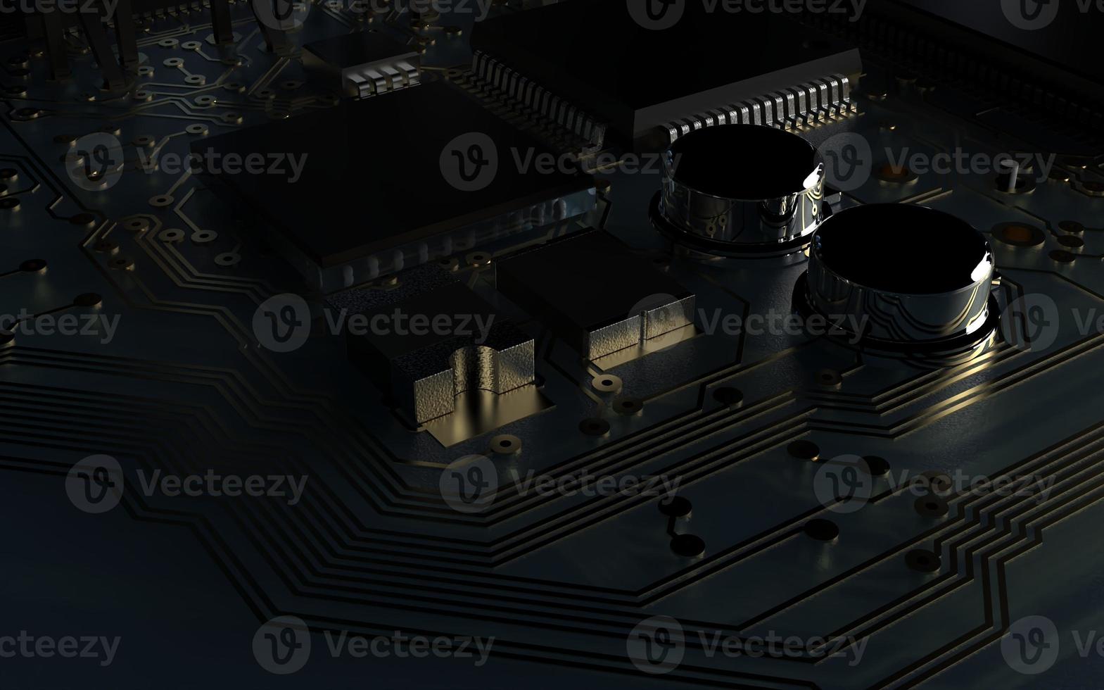 processor chip on a printed circuit board in red backlight. 3d illustration on the topic of technology and the power of artificial intelligence. photo