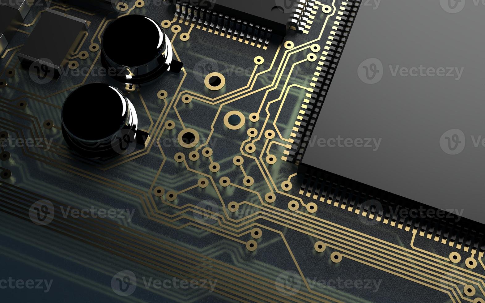processor chip on a printed circuit board in red backlight. 3d illustration on the topic of technology and the power of artificial intelligence. photo