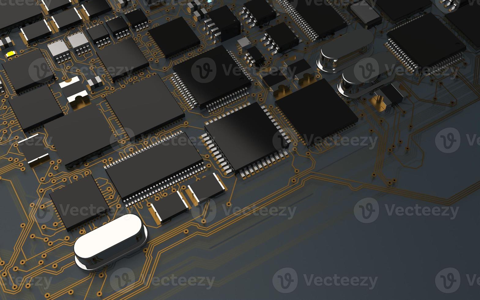 processor chip on a printed circuit board in red backlight. 3d illustration on the topic of technology and the power of artificial intelligence. photo