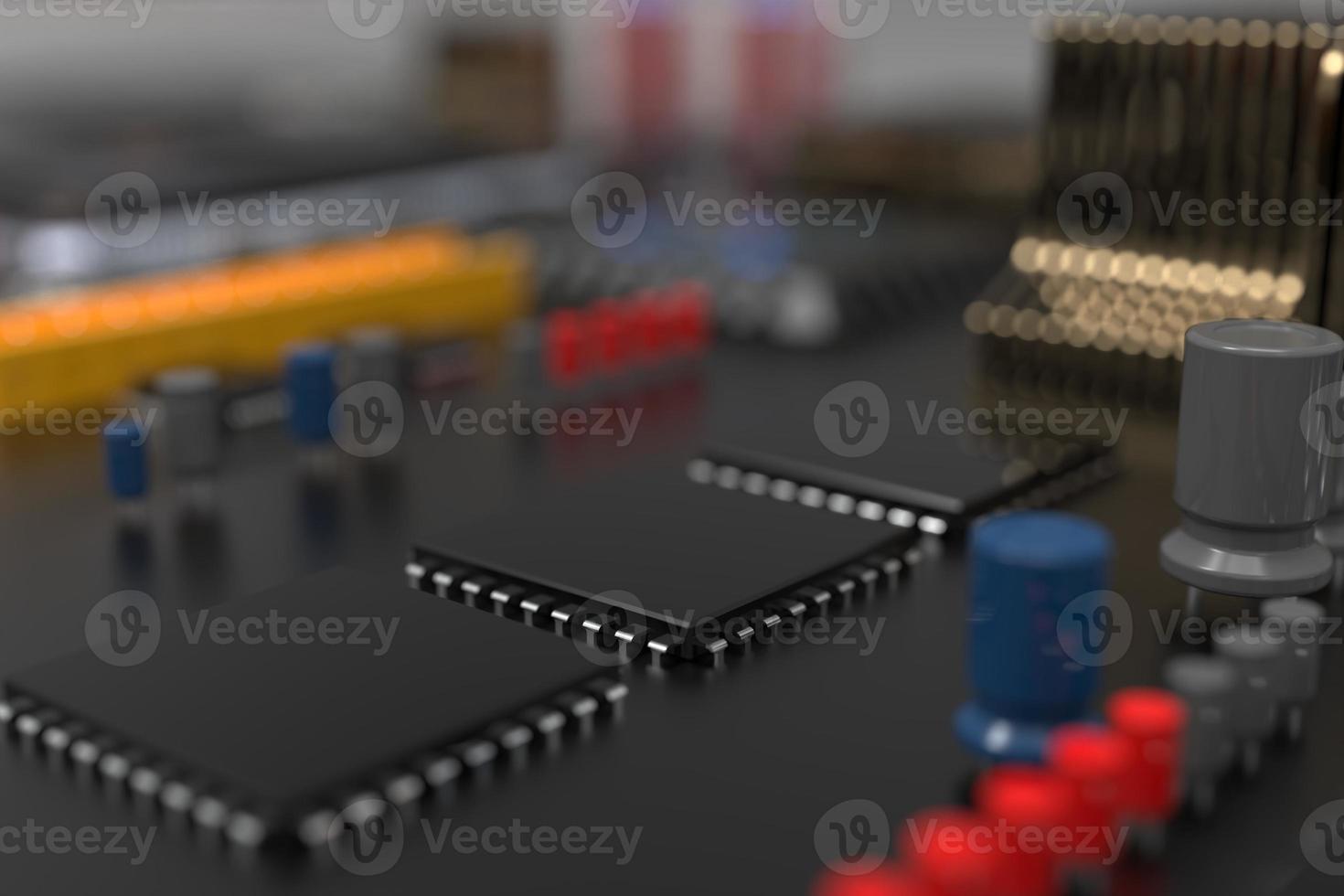 printed circuit board with microchips, processors and other computer parts on a dark background. 3d render photo