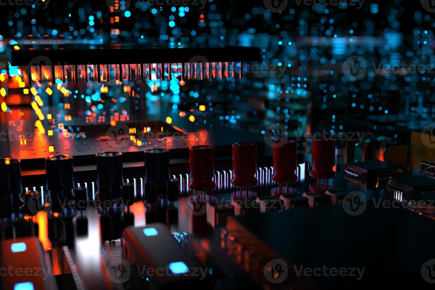 printed circuit board with microchips, processors and other computer parts on a dark background. 3d render photo