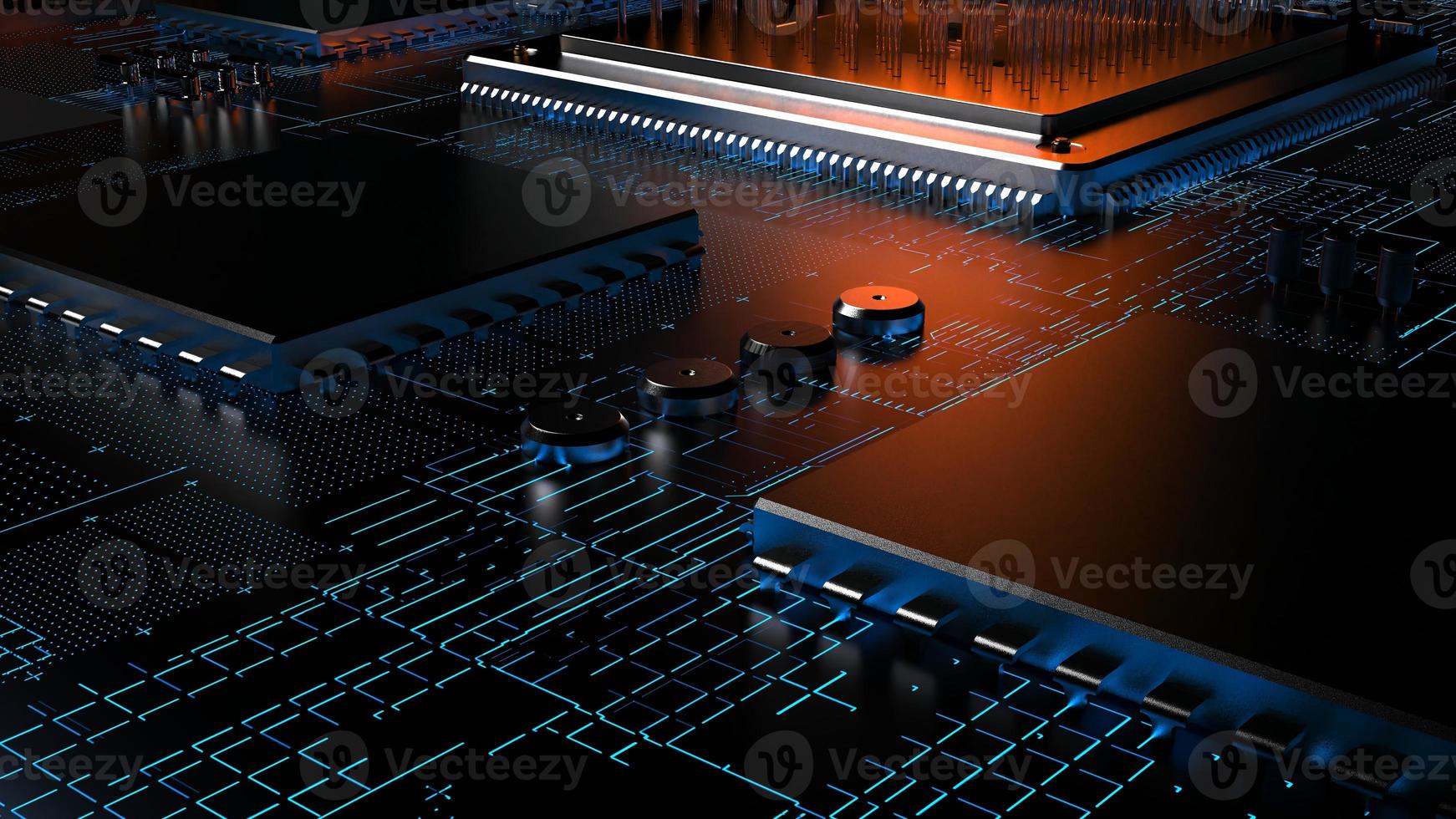 processor chip on a printed circuit board in red backlight. 3d illustration on the topic of technology and the power of artificial intelligence. photo