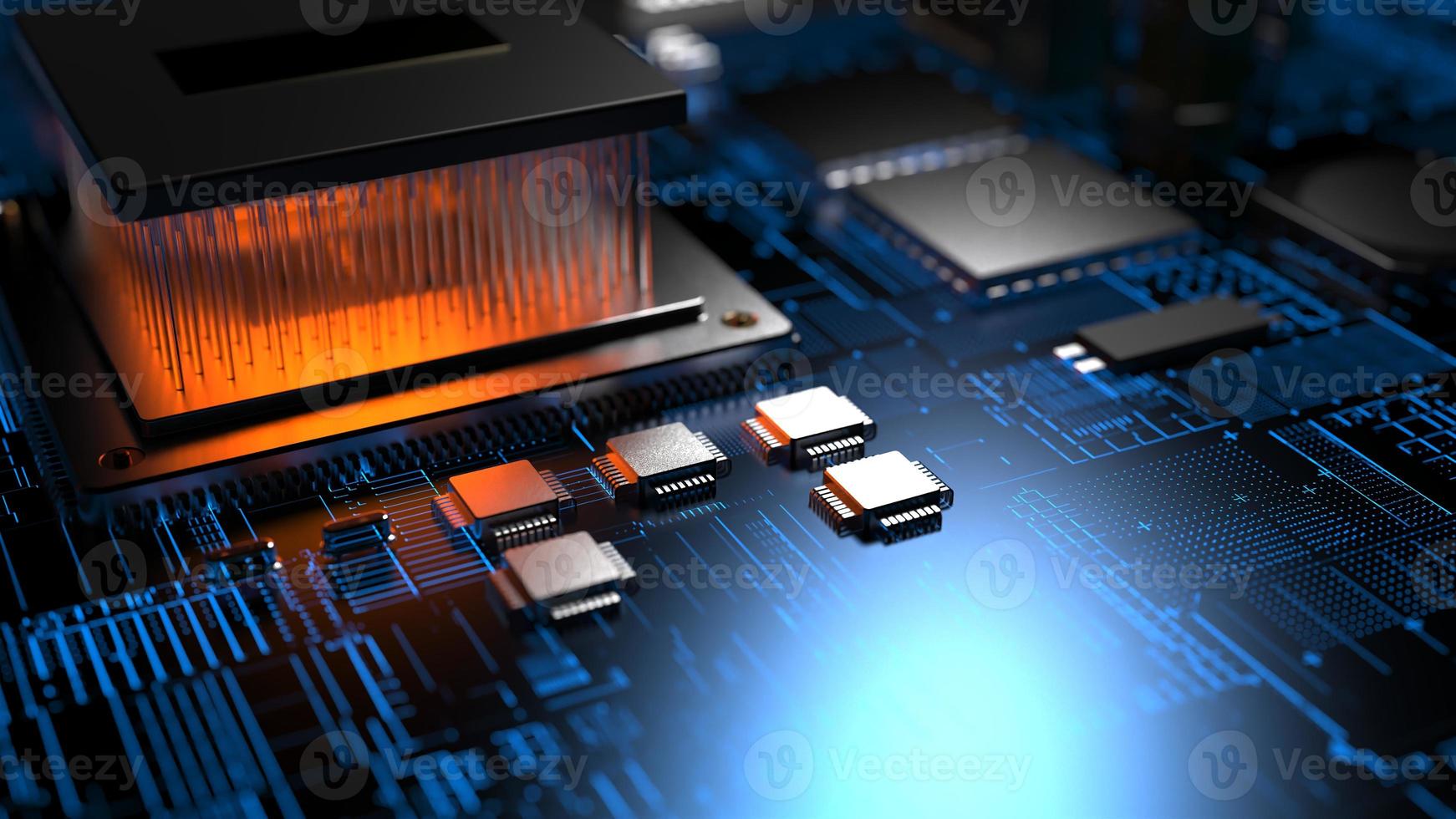 processor chip on a printed circuit board in red backlight. 3d illustration on the topic of technology and the power of artificial intelligence. photo