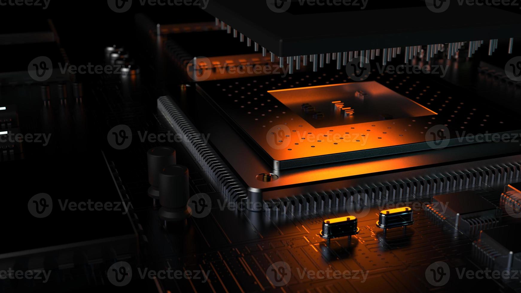 processor chip on a printed circuit board in red backlight. 3d illustration on the topic of technology and the power of artificial intelligence. photo