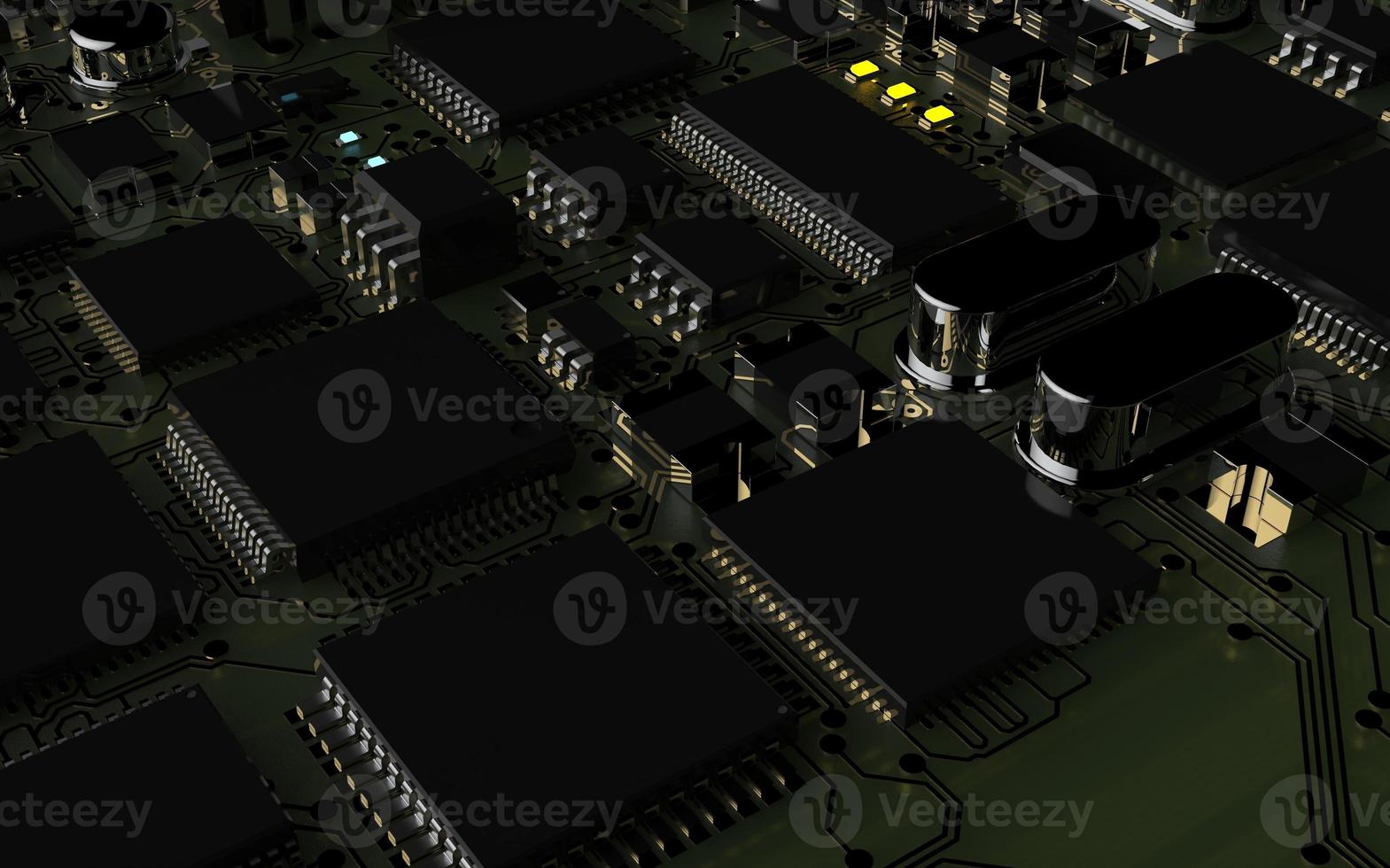 processor chip on a printed circuit board in red backlight. 3d illustration on the topic of technology and the power of artificial intelligence. photo