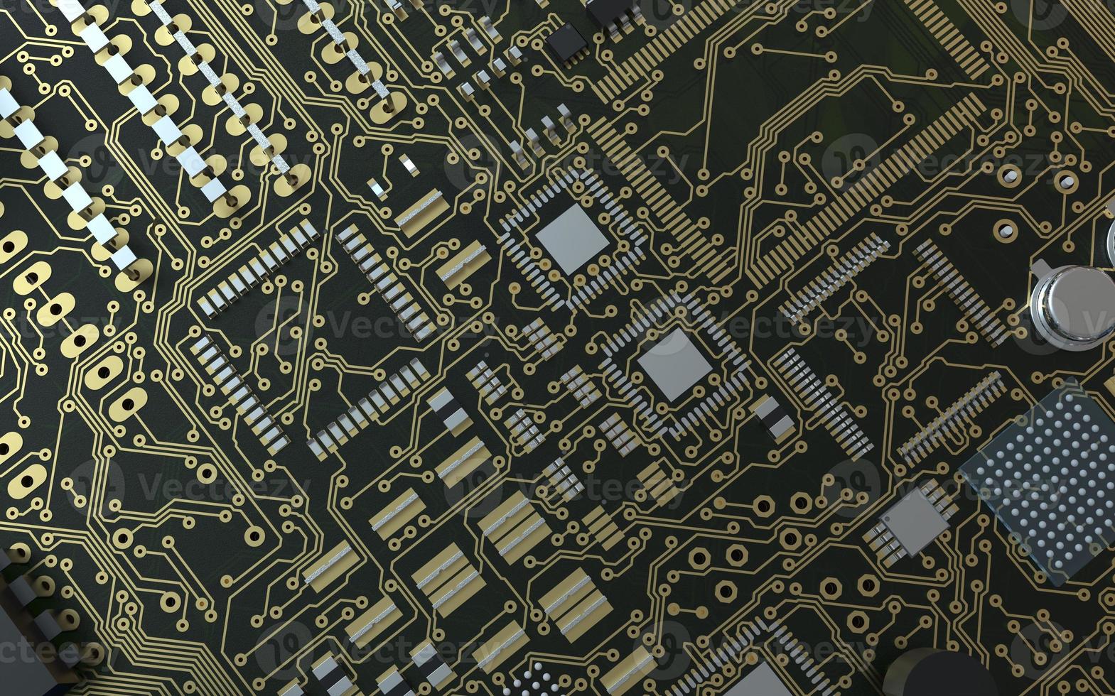 processor chip on a printed circuit board in red backlight. 3d illustration on the topic of technology and the power of artificial intelligence. photo