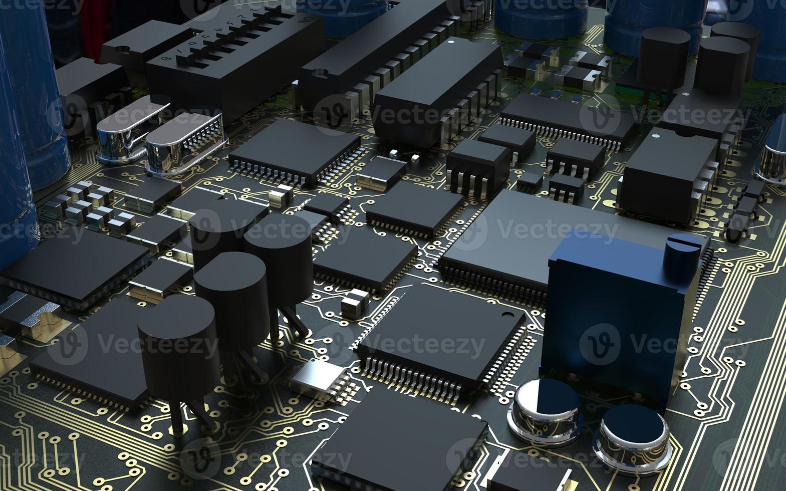 processor chip on a printed circuit board in red backlight. 3d illustration on the topic of technology and the power of artificial intelligence. photo